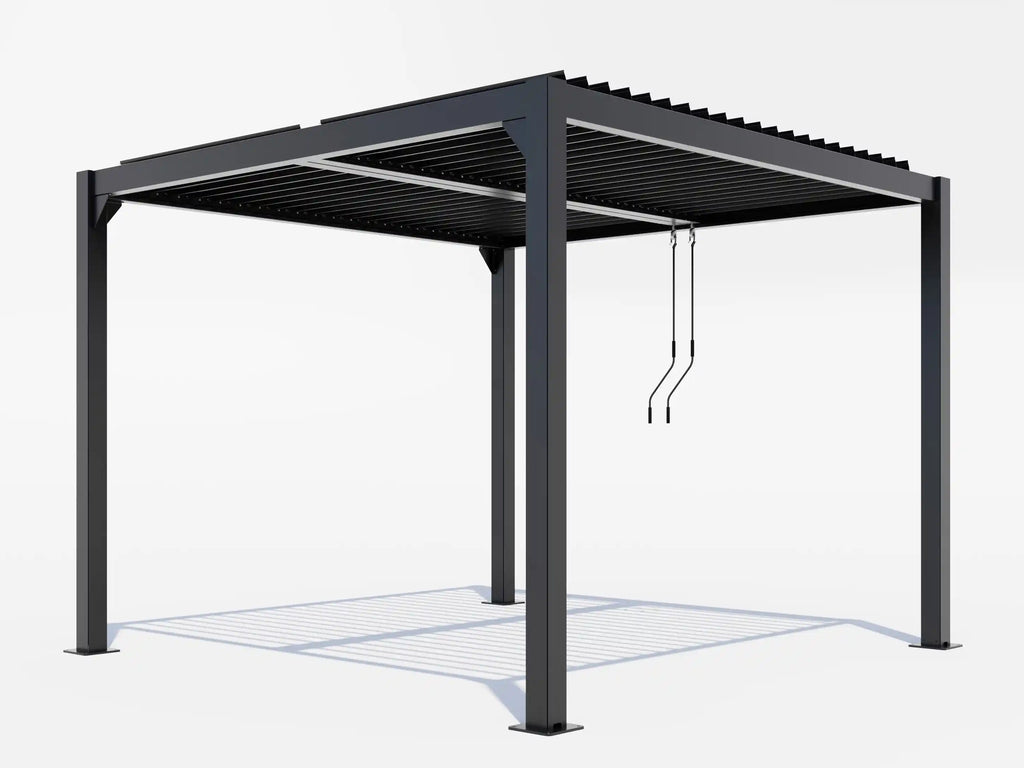 Black metal pergola structure on a white background - Leading Landscapes Canterbury