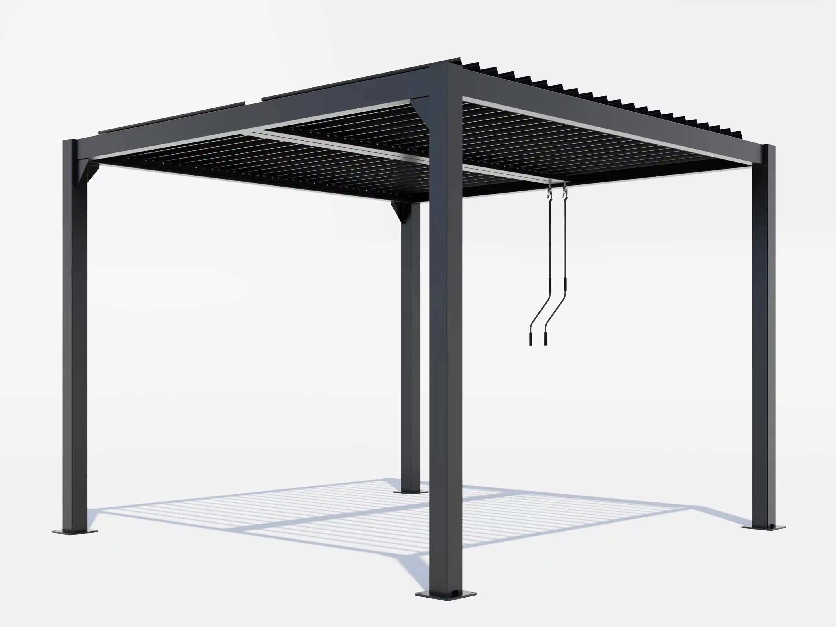 Black metal pergola structure on a white background - Leading Landscapes Canterbury