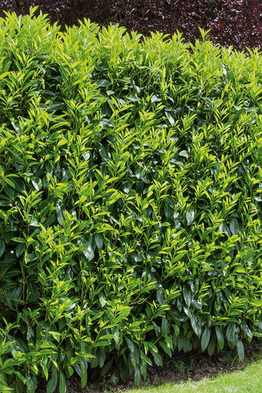 Portuguese Laurel hedge close-up — Prunus Lusitanica — Leading Landscapes Canterbury