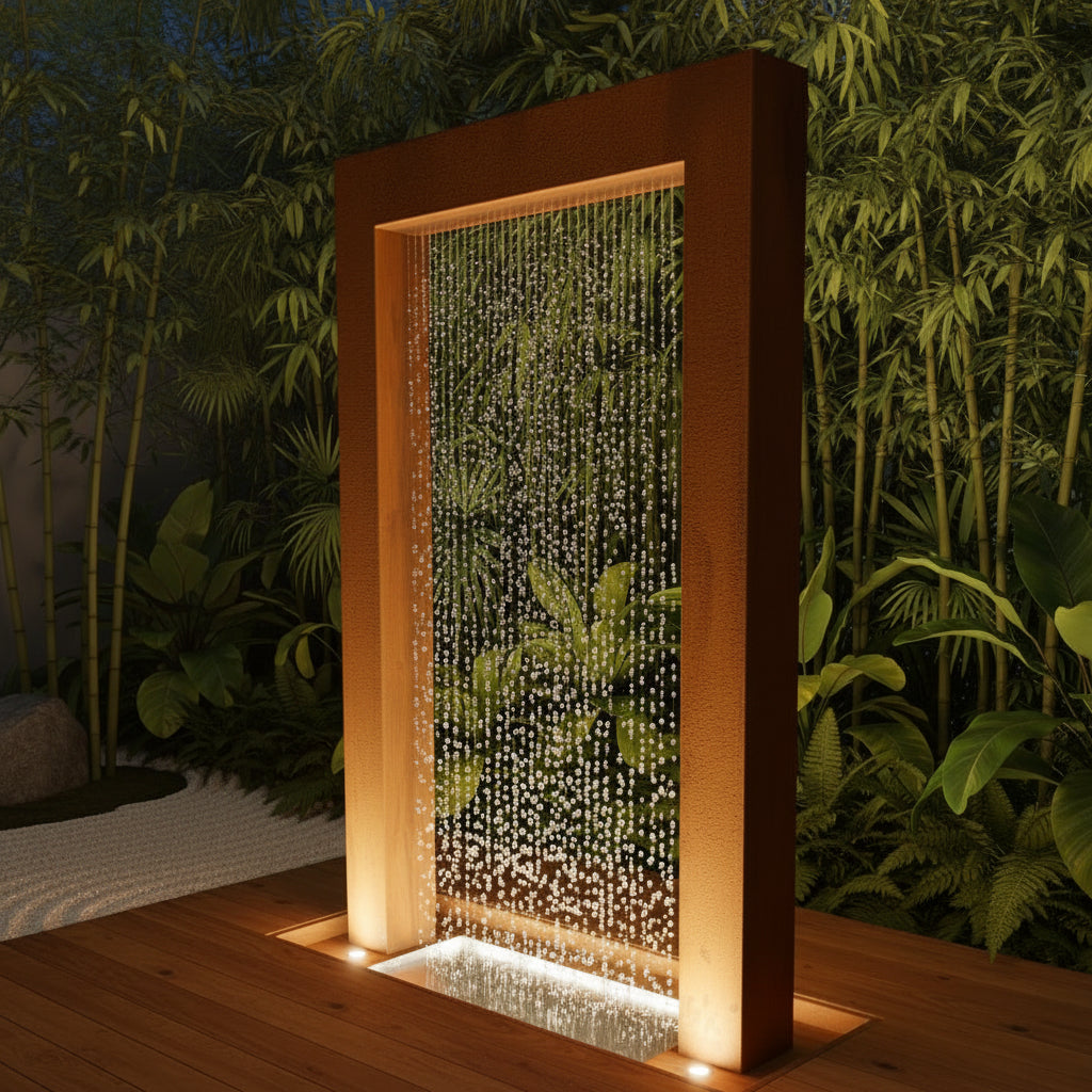 Outdoor shower with wooden frame and water droplets, surrounded by greenery - Leading Landscapes Limited