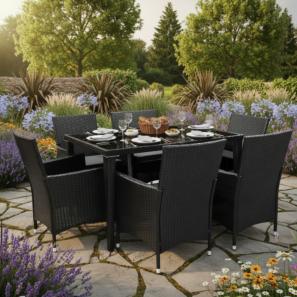 Black outdoor dining set with six chairs on a patio surrounded by greenery - Leading Landscapes Limited
