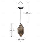 A hanging lantern-style pendant light with overlaid dimension arrows and labels showing a total height of 39.7 cm, shade width of 13.