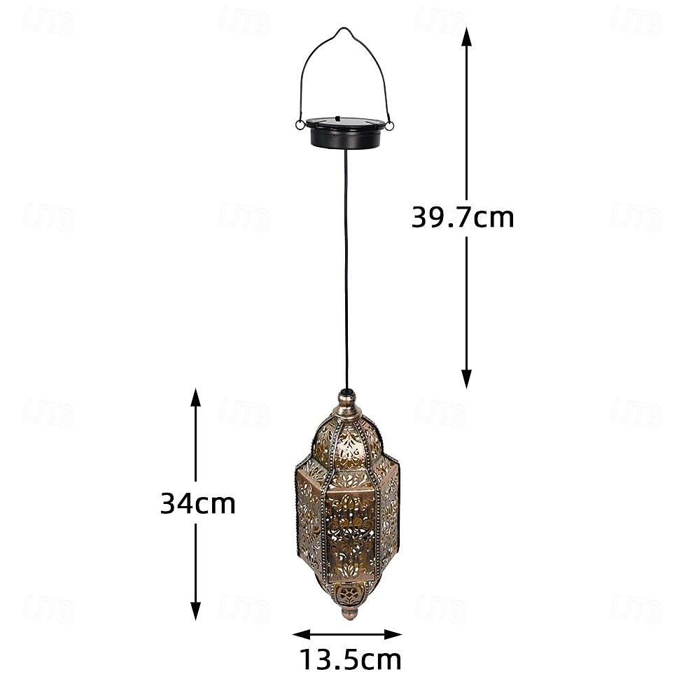 A hanging lantern-style pendant light with overlaid dimension arrows and labels showing a total height of 39.7 cm, shade width of 13.
