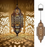 An ornate hanging lantern with intricate cutout detailing, shown lit and casting warm shadow patterns on a wall and floor. A smaller side view on the right shows the lantern from the back against a plain white background.