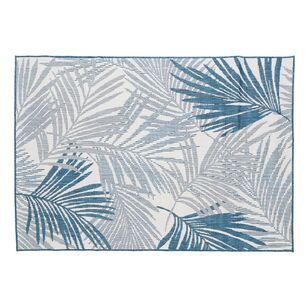 Rug with blue palm leaf pattern on a white background - Leading Landscapes Canterbury