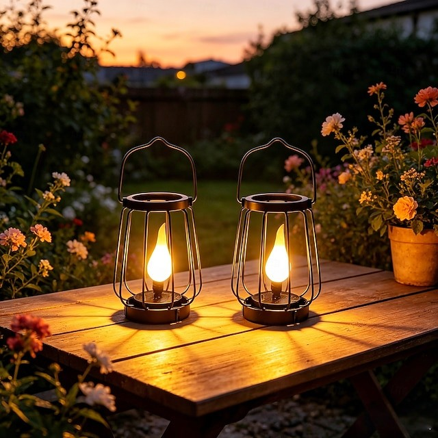 Two black metal wire lantern candles with glowing flame-shaped bulbs, placed on a wooden table in a garden at sunset. Solar lantern - Leading Landscapes Canterbury