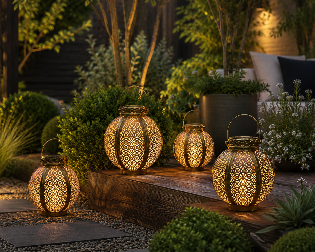 Four decorative metal lanterns with intricate cutout patterns, glowing with warm light, arranged on a wooden bench in a landscaped garden setting.