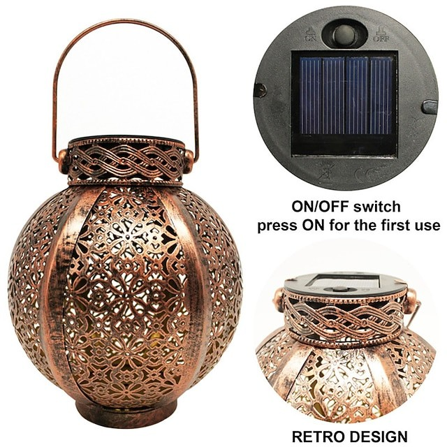 Copper-colored solar lantern with intricate laser-cut patterns, shown alongside close-up insets of its solar panel back and a smaller view labeled 'RETRO DESIGN'.