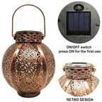 Copper-colored solar lantern with intricate laser-cut patterns, shown alongside close-up insets of its solar panel back and a smaller view labeled 'RETRO DESIGN'.