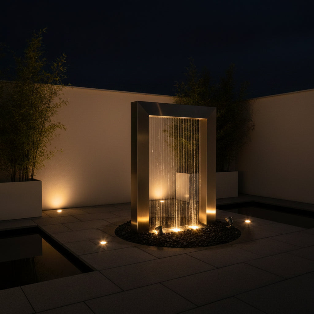 Stainless steel rain curtain water feature in a modern paved setting - Leading Landscapes Limited