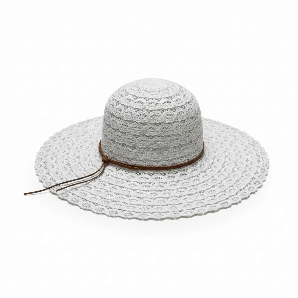 A white woven sun hat with a wide brim, featuring a brown band and matching tie string, shown against a plain white background.