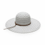 A white woven sun hat with a wide brim, featuring a brown band and matching tie string, shown against a plain white background.