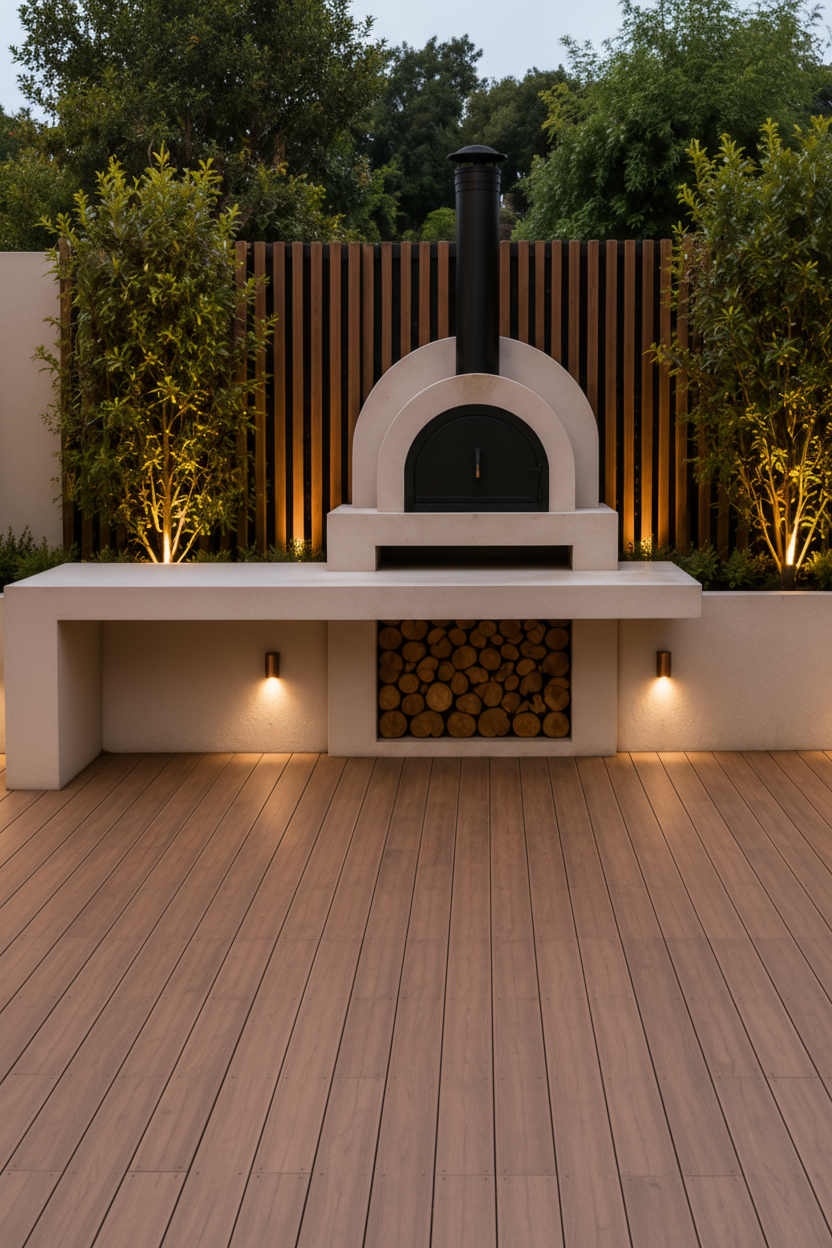 Outdoor pizza oven with wood storage in a garden setting - Leading Landscapes Limited