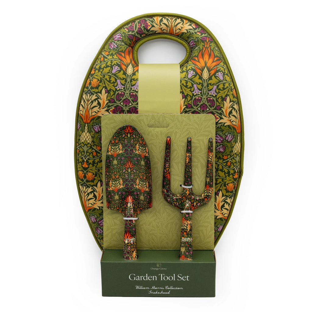 Garden tool set with decorative packaging featuring floral patterns on a white background
