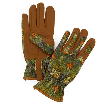 A pair of gloves with brown suede-like palms and backs, featuring a green and orange floral pattern on the backs and cuffs, shown on a plain white background.