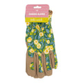 Floral-patterned gardening gloves with a pink packaging label on a white background