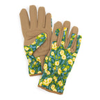 Pair of gardening gloves with floral pattern on a white background