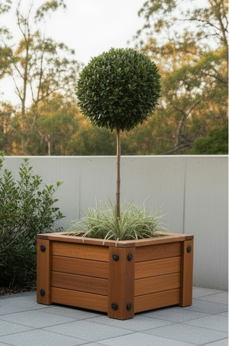 Wooden planter with standard and low grasses - Leading Landscapes Limited
