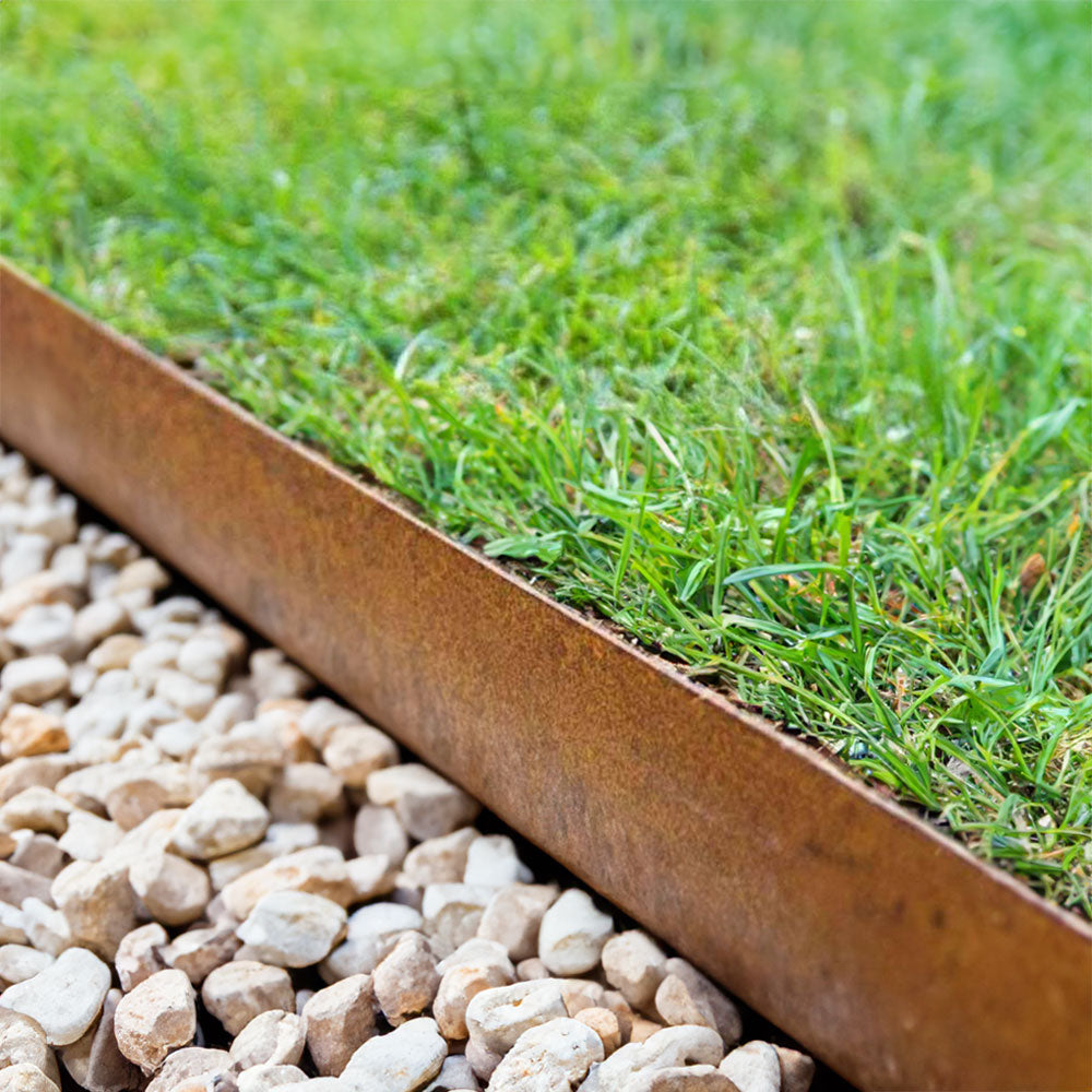 Corten steel garden edging with natural rust patina — clean landscape borders — Leading Landscapes Canterbury