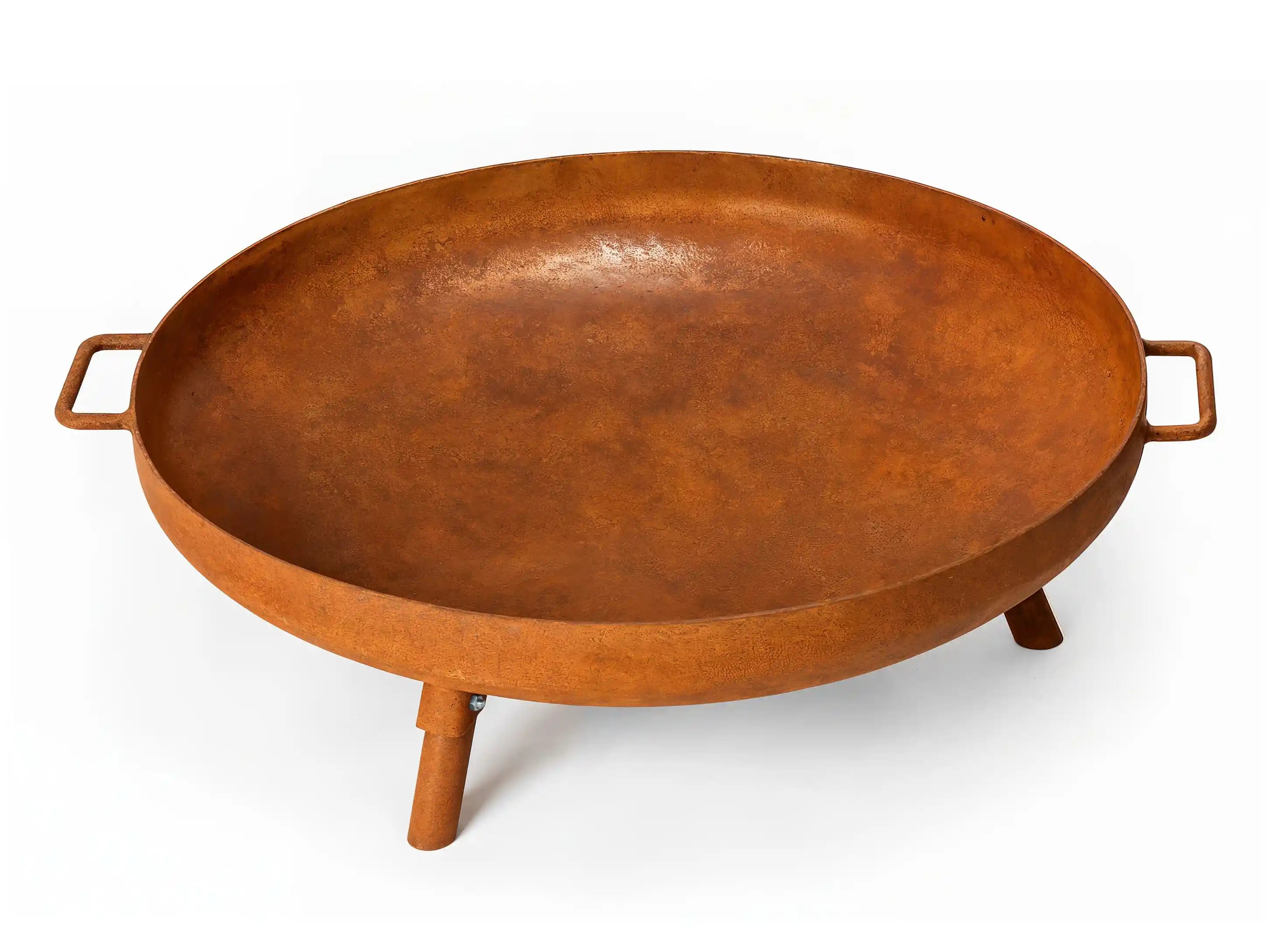 A round, open-top metal fire pit or planter with a rustic rusted finish, featuring side handles and three legs, shown on a white background.