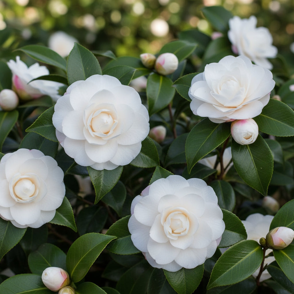 Camellia Early Pearly close-up of flowers — Sasanqua Camellia — Leading Landscapes Canterbury