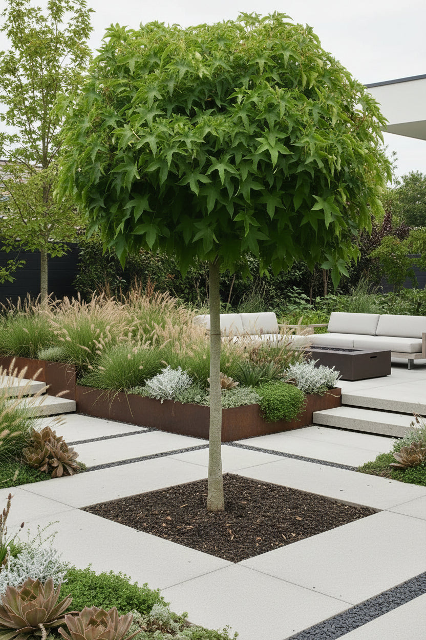 Liquidambar Gumball dwarf weeping form with star-shaped leaves — Leading Landscapes Canterbury