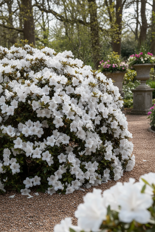 Azalea Mrs Kint White flowering shrub in garden setting — Leading Landscapes Canterbury
