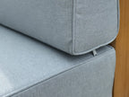 Gray fabric sofa corner with wooden edging - garden furniture - Leading Landscapes Canterbury