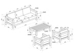 Dimensions of outdoor furniture set including a sofa, two chairs, and a table.