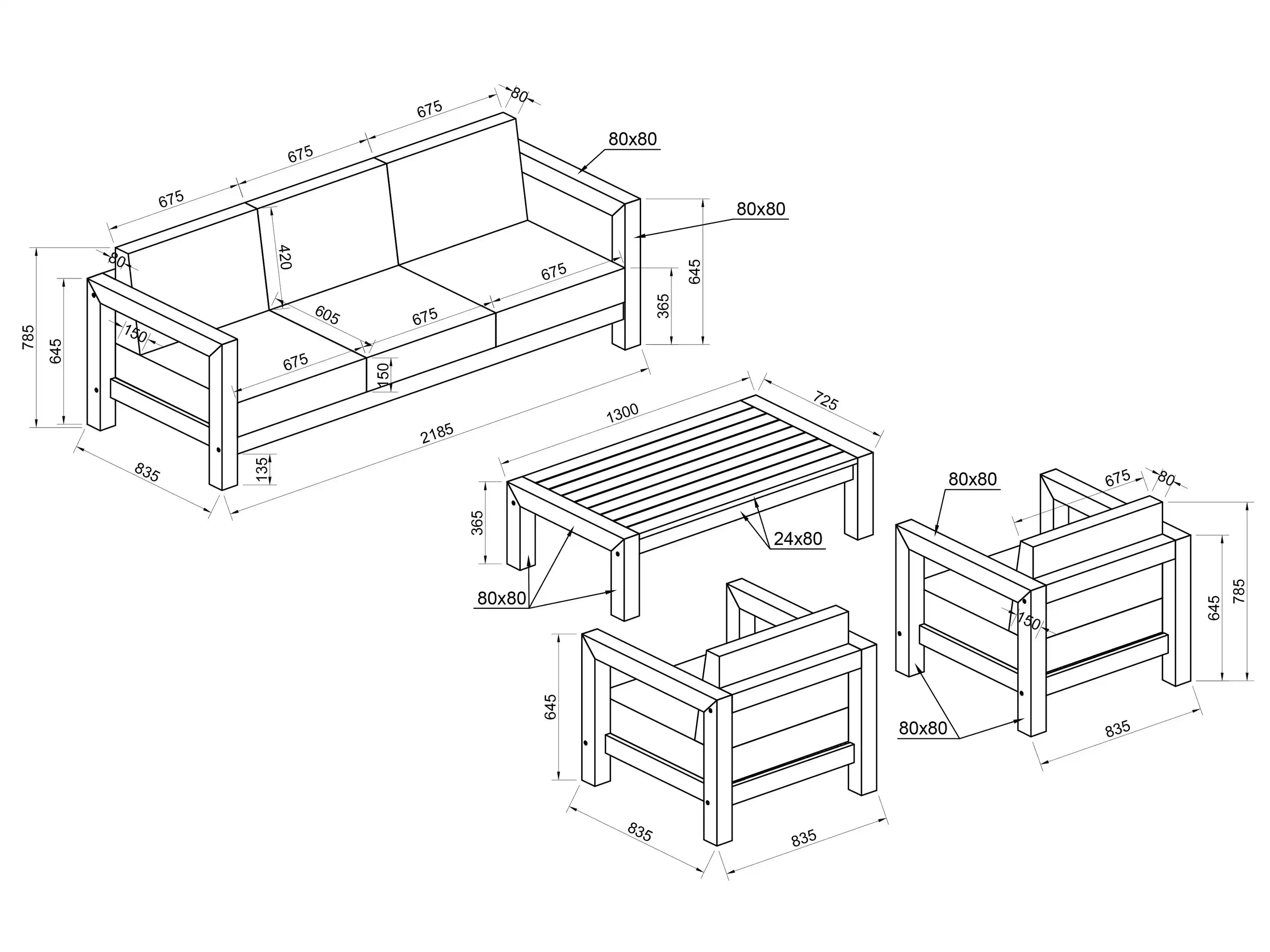 Dimensions of outdoor furniture set including a sofa, two chairs, and a table.