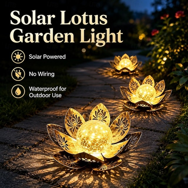 Three solar lotus garden lights glowing on a stone garden path at night, with text on the left reading 'Solar Lotus Garden Light' and feature icons for solar powered, no wiring, and waterproof outdoor use.