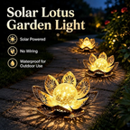 Three solar lotus garden lights glowing on a stone garden path at night, with text on the left reading 'Solar Lotus Garden Light' and feature icons for solar powered, no wiring, and waterproof outdoor use.