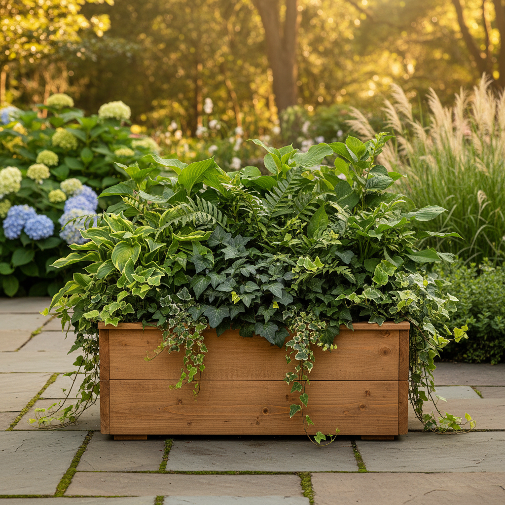 Wooden planter box with green plants in a garden setting - Leading Landscapes Canterbury
