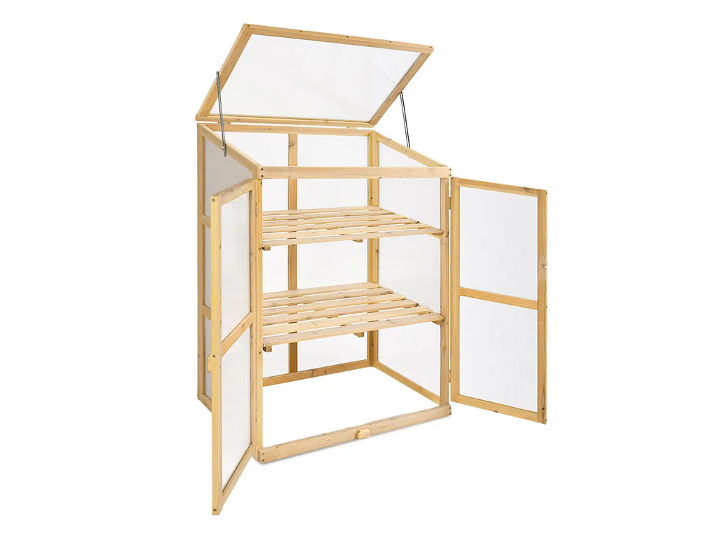 A wooden storage cabinet or greenhouse-style shelving unit with a hinged lid open at an angle and two doors swung open, shown on a plain white background. Leading Landscapes Canterbury